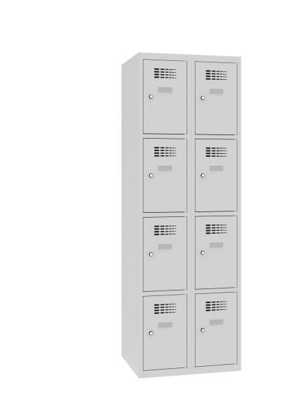 Ein lichtgrauer Fächerschrank mit zwei Abteilen und acht Fächern mit jeweils einer Tür. Alle Türen sind geschlossen. Der Schrank steht vor einem weißen Hintergrund.